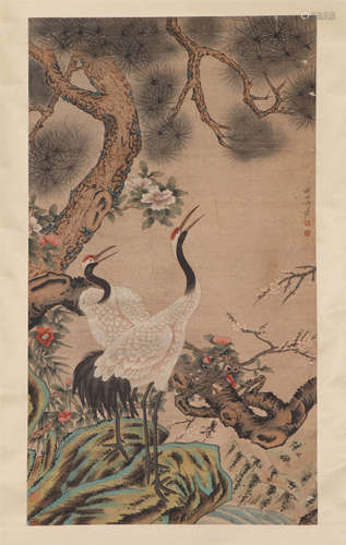 A CHINESE PAINTING OF CRANES AND PINE TREE