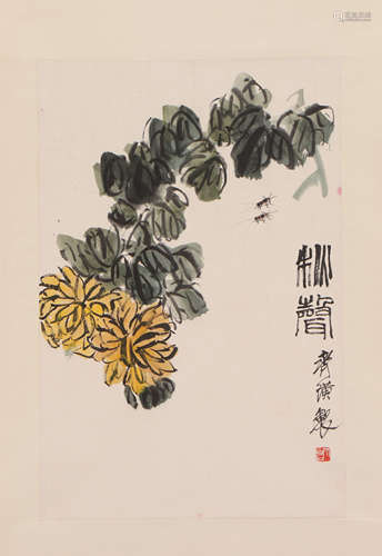 A CHINESE PAINTING OF FLOWERS AND INSECTS