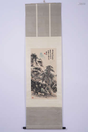 A CHINESE PAINTING HANGING SCROLL OF HUT IN THE WOOD