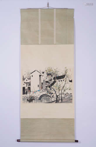 A CHINESE PAINTING HANGING SCROLL OF RIVER VILLAGE