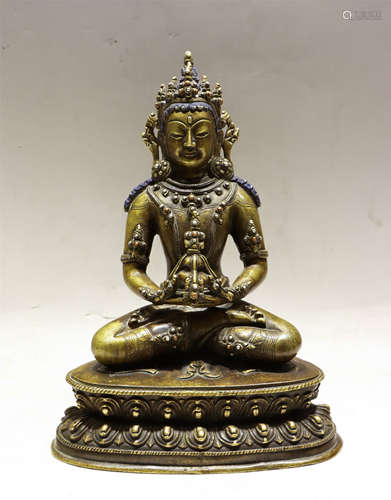 A HARDSTONES INLAID BRONZE SEATED AMITAYUS