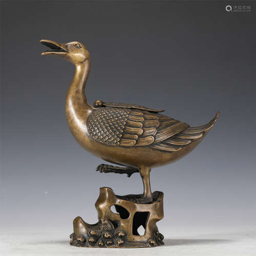 A BRONZE DUCK SHAPED INCENSE BURNER