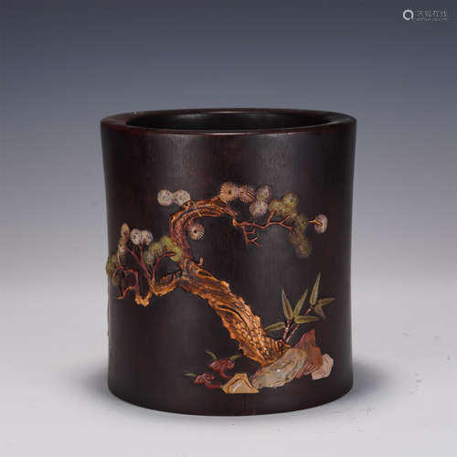 A HARDSTONES INLAID ZITAN BRUSHPOT