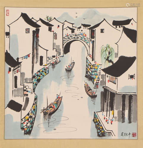 A CHINESE PAINTING OF WATER-TOWN SCENERY