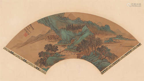 A CHINESE FAN-SAHPED PAINTING OF LANDSCAPE AND FIGURE