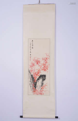 A CHINESE PAINTING HANGING SCROLL OF BAMBOO ON ROCK