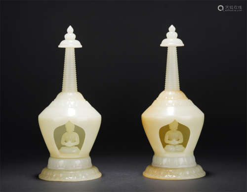 PAIR CARVED WHITE JADE STUPAS