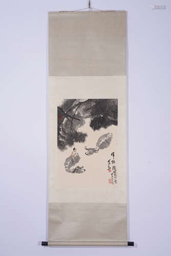 A CHINESE PAINTING HANGING SCROLL OF BUFFALOS