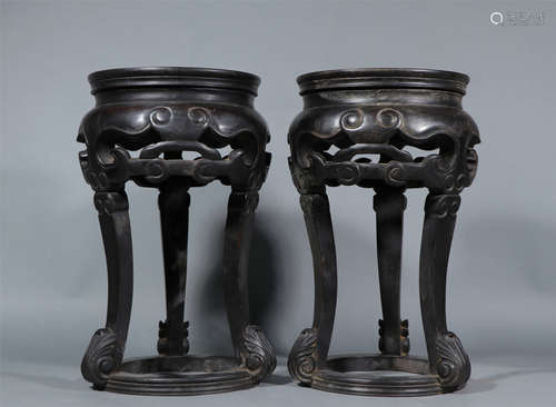 PAIR CARVED ROSEWOOD ZITAN STOOLS