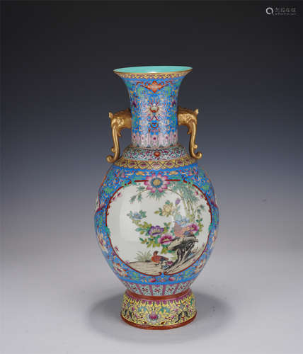 A FAMILLE ROSE AND GILT BAMBOO AND FLORAL VASE