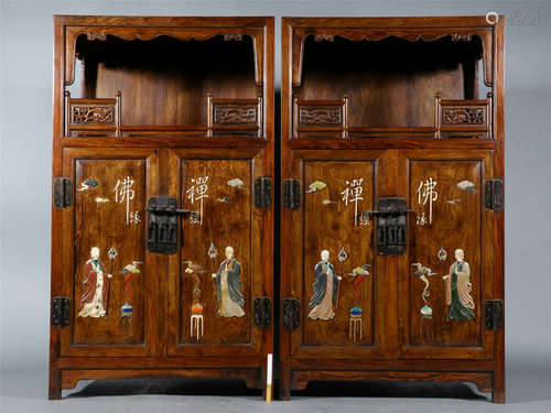 A HARD-STONES INLAID HUANGHUALI DISPLAY CABINET