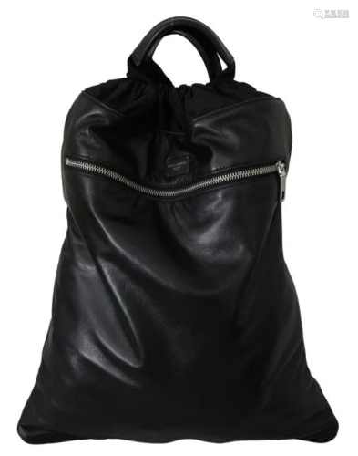Black Leather Mens Nap Sack Drawstring Backpack