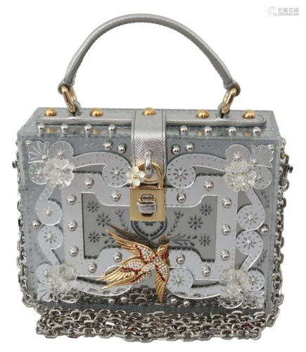 Silver Floral Padlock Sling Clutch Crystal BOX Bag