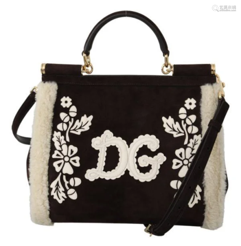 Brown Suede White Shearling Floral Purse Borse SICILY