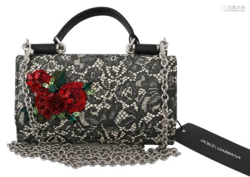 Black Lace Leather Crystal Roses Sicily Von Purse Bag