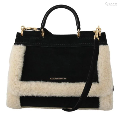 Black Suede White Shearling Purse Borse Satchel SICILY