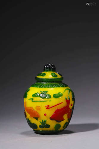 A Green Overlay Yellow Glass Carp Jar And Cover