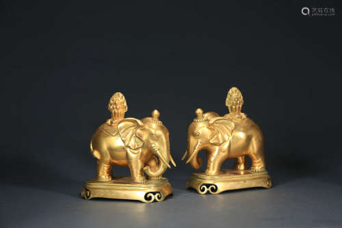 A Pair Of Gilt Bronze Elephant Ornaments