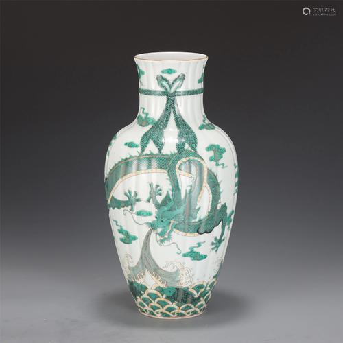 A GREEN ENAMELED DRAGON VASE