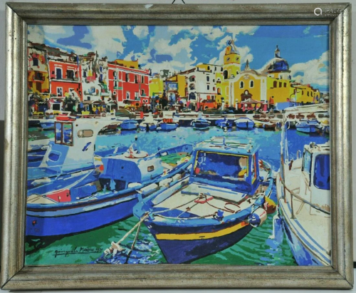 Mediterranean Harbor View Oil Painting