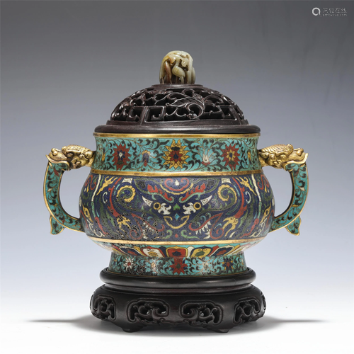 A CLOISONNE ENAMEL BOMBE CENSER WITH DOUBLE HAN…