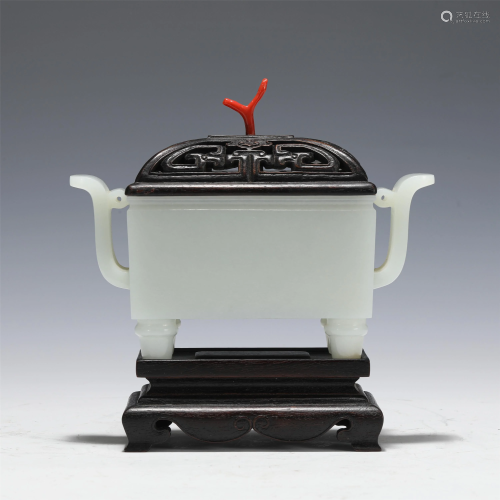 A CARVED WHITE JADE CENSER WITH WOODEN STAND
