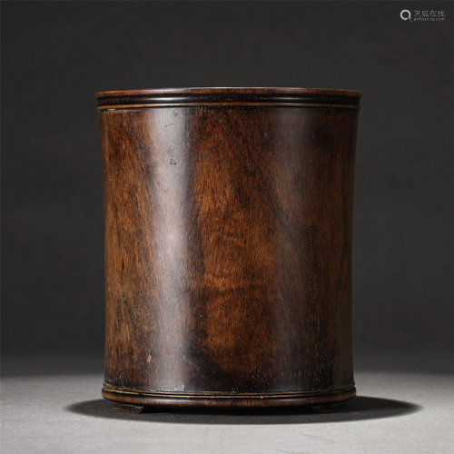 A CARVED ROSEWOOD CYLINDRICAL BRUSH-POT