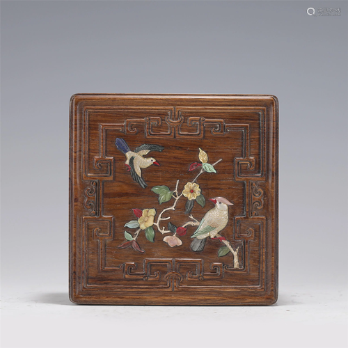 A HARD-STONES INLAID HUANGHUALI SQUARED BOX