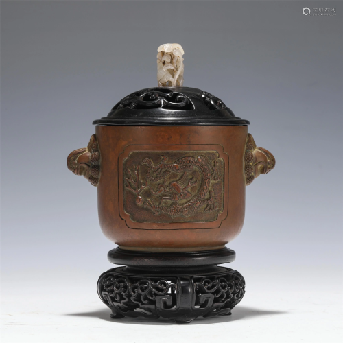 A BRONZE DRAGON BOMBE CENSER WITH JADE FINIAL