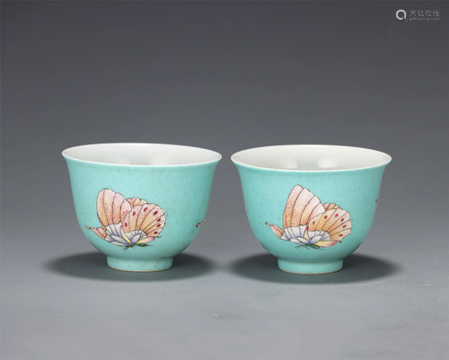 PAIR BLUE GROUND FAMILLE ROSE BUTTERFLIES CUPS