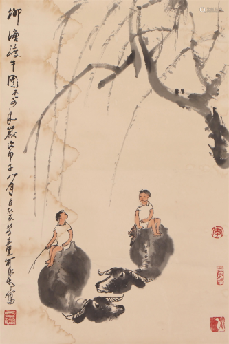 A CHINESE PAINTING HANGING-SCROLL OF KIDS ON BUF…