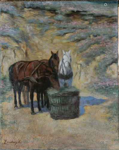 Three Horses Eating Hay Oil Painting
