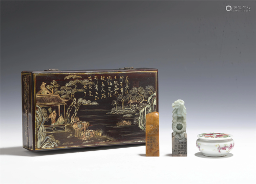 A GROUP OF THREE SCHOLARS ITEMS WITH LACQUER BOX