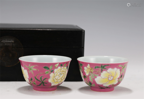 PAIR FAMILLE ROSE PEONY BOWLS YONGZHENG MARK WITH