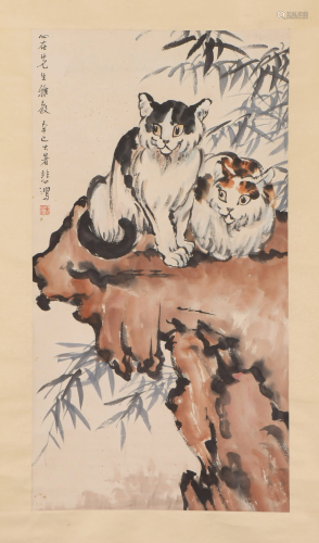 A CHINESE PAINTING HANGING-SCROLL OF CATS ON ROCK