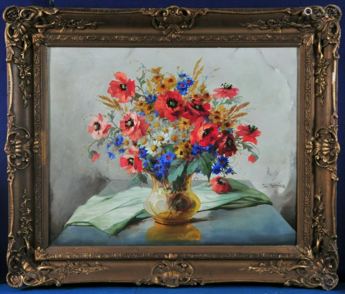 Flowers In A Glass On A Table Oil Painting