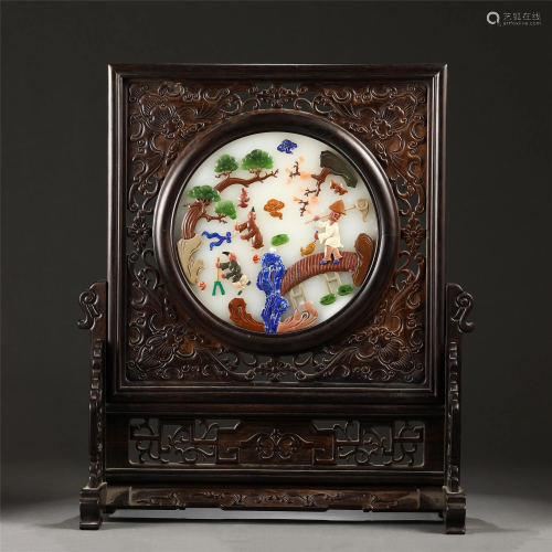 A FINE HARD-STONES INLAID HUANGHUALI TABLE SCREEN
