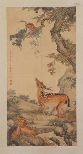 A CHINESE PAINTING HANGING-SCROLL OF DEERS WITH …