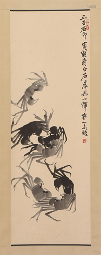 A CHINESE PAINTING HANGING-SCROLL OF CRABS SIGNE…