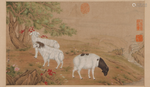 A CHINESE PAINTING HAND-SCROLL OF RAMS GROUP SIGNED