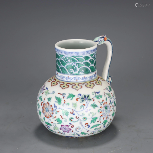 A DOUCAI GLAZED FLORAL SCROLLS EWER