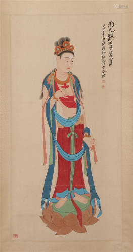A CHINESE PAINTING HANGING-SCROLL OF GUANYIN SI…