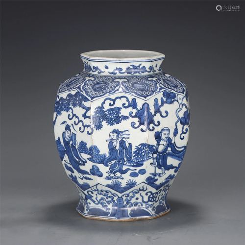 A BLUE AND WHITE EIGHT IMMORTALS OCTAGONAL JAR