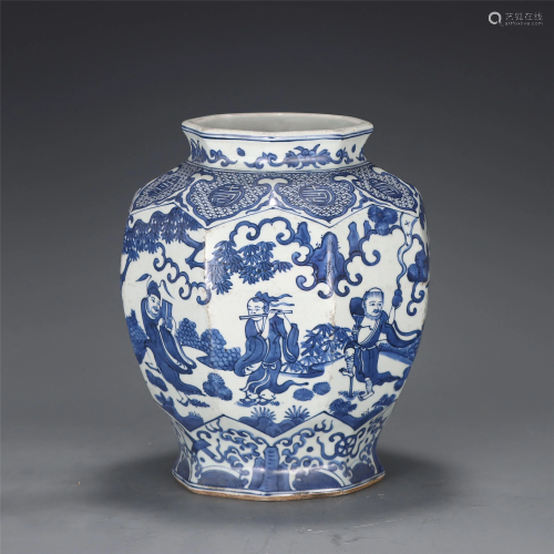 A BLUE AND WHITE EIGHT IMMORTALS OCTAGONAL JAR