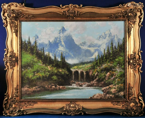 Waterfall and Mountains Oil Painting