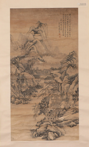 A CHINESE PAINTING HANGING-SCROLL OF RIVER VILLAGE