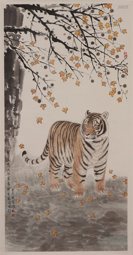 A CHINESE PAINTING HANGING-SCROLL OF TIGER SIGNED