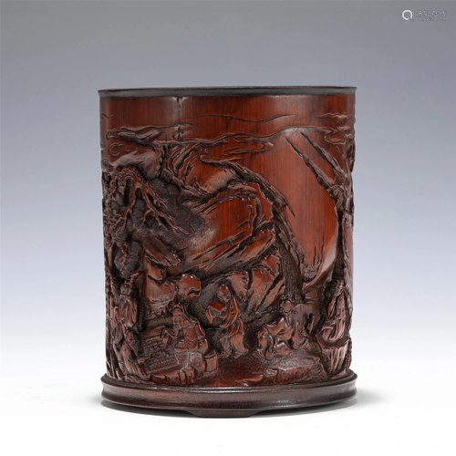 A CARVED BAMBOO LANDSCAPE BRUSHPOT