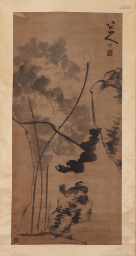 A CHINESE PAINTING HANGING-SCROLL OF LOTUS POND …