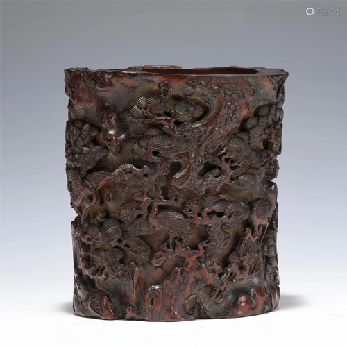 A CARVED BAMBOO LANDSCAPE BRUSHPOT